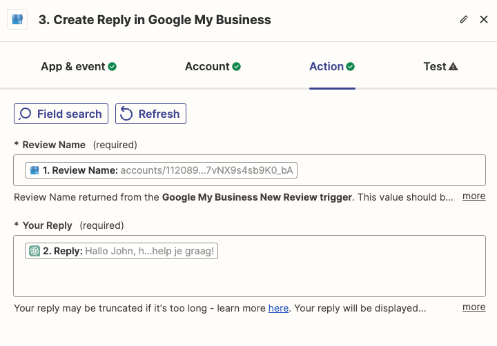 Screenshot reactie plaatsen Google review